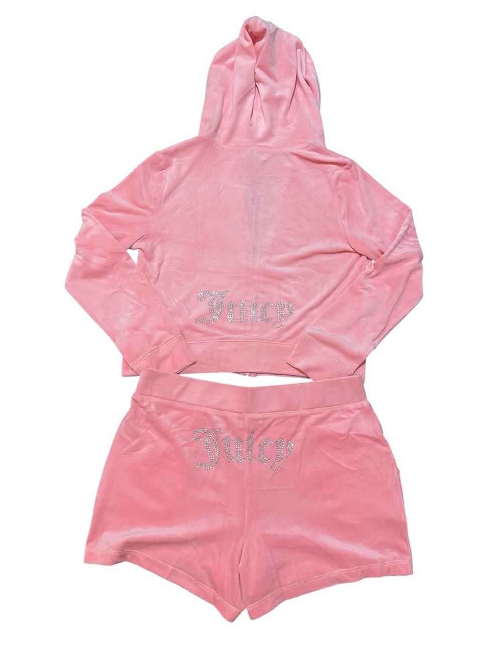 Juicy Couture Pink Velour Rhinestone Logo Hoodie & Shorts Set